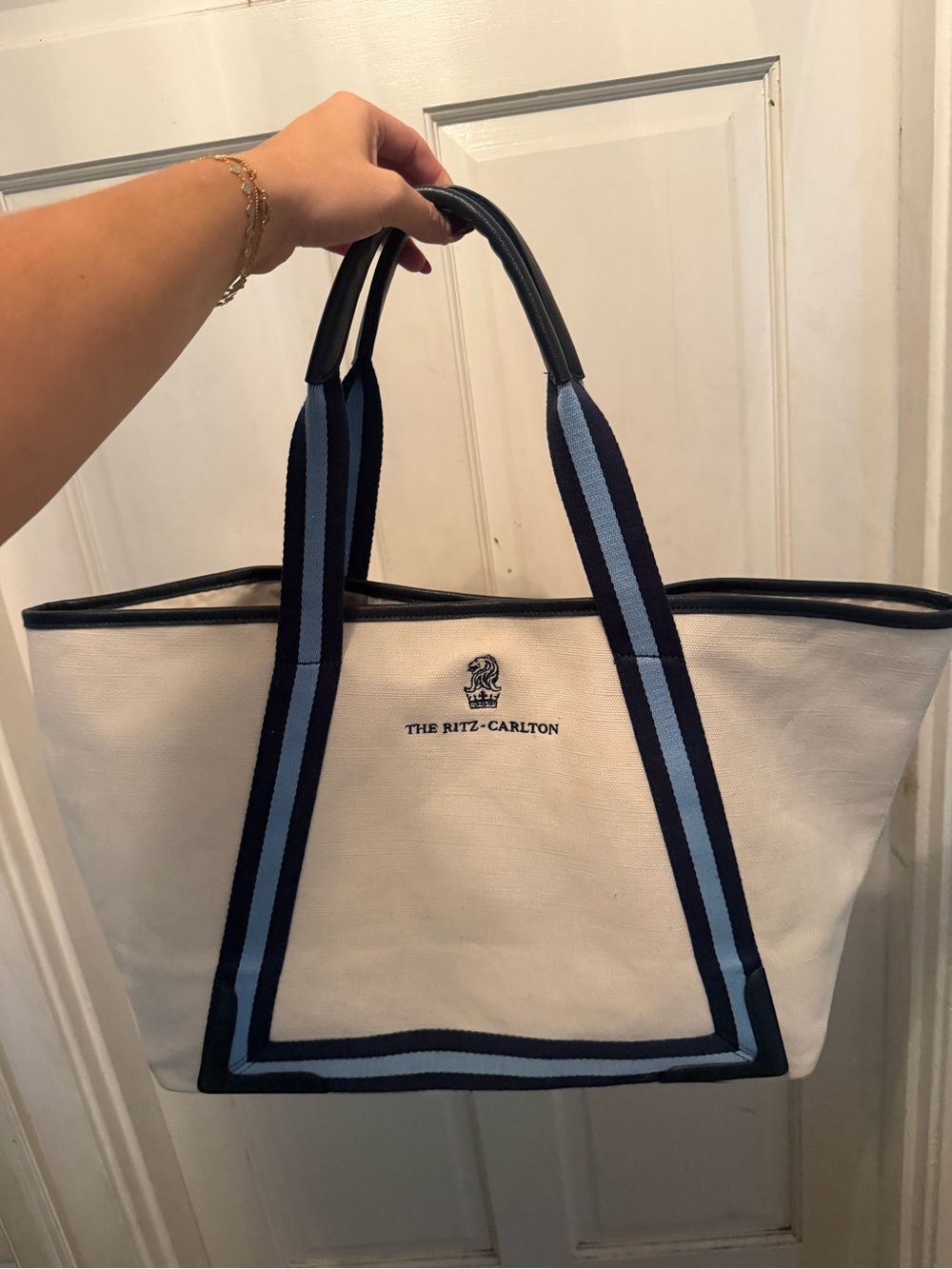 Ritz Carlton Canvas Beach Tote — White with Navy Trim